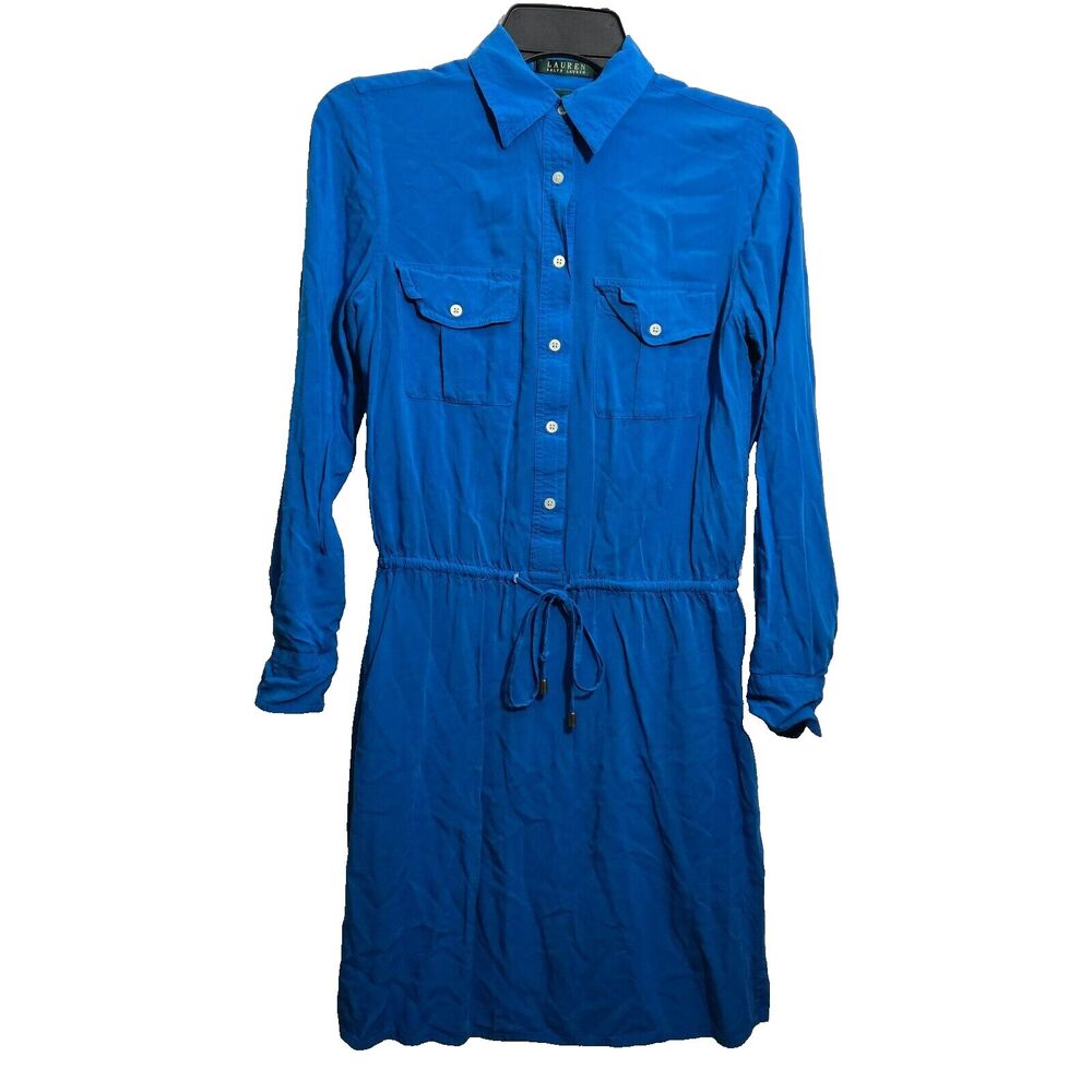 Lauren Ralph Lauren Drop Waist Dress Women 2 Blue Long Sleeve Button Drawstring